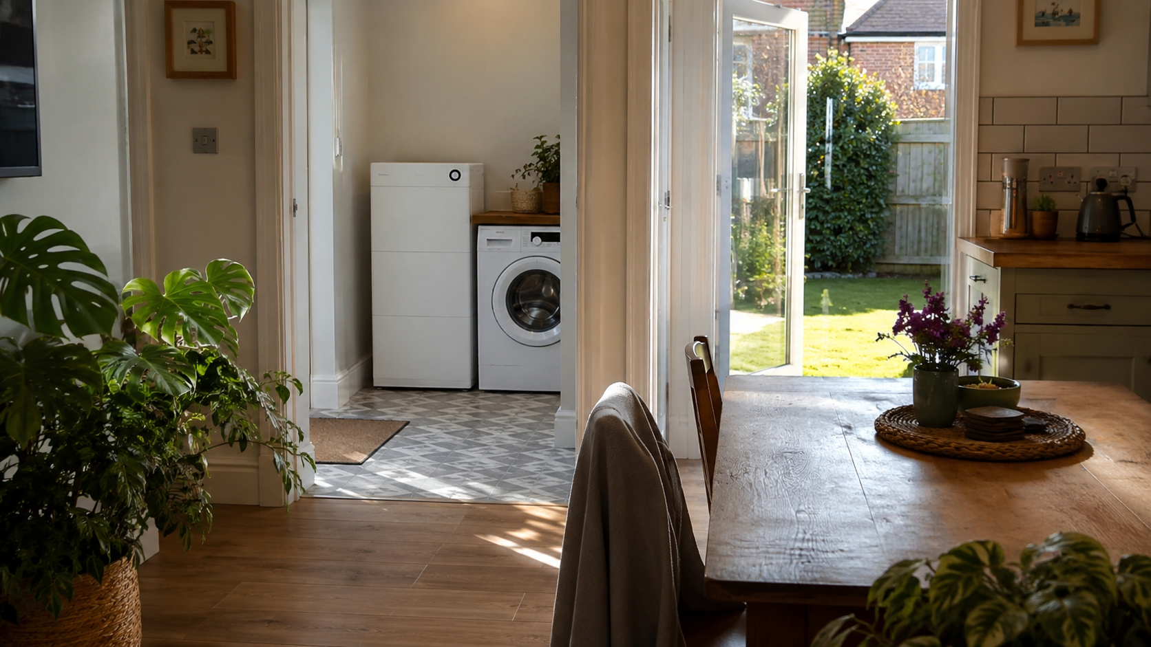 Tall white stacked battery cabinet in a UK utility next to a washing machine, dining table and garden doors in view
