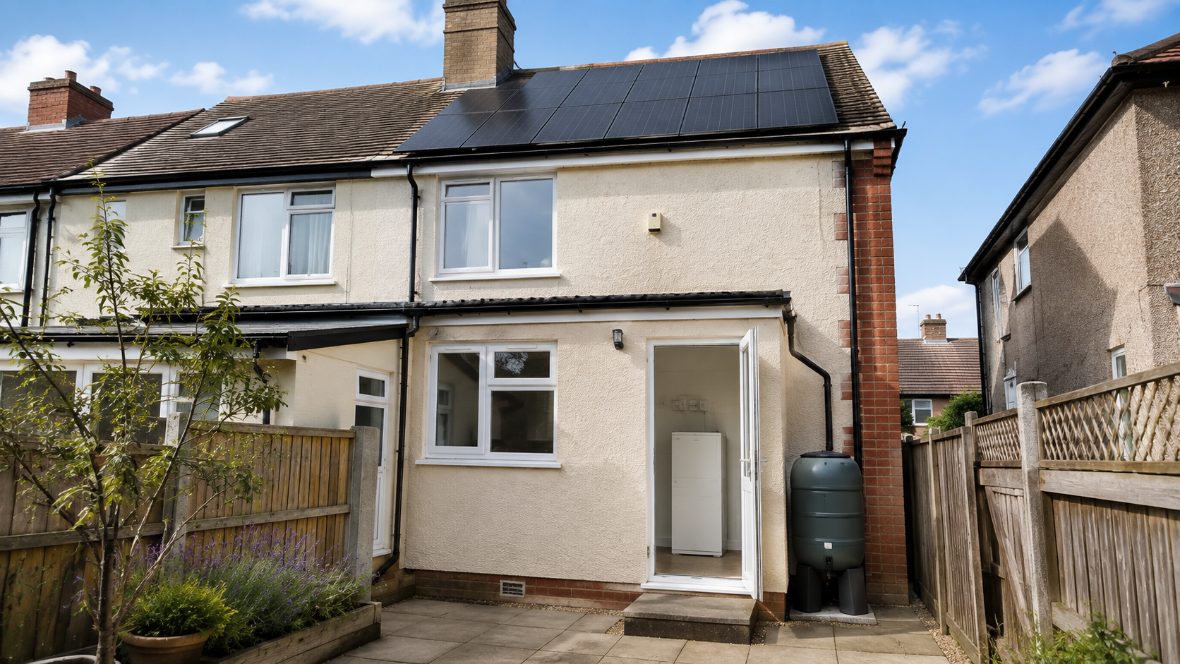 Rear of a typical UK house with solar panels on the roof and a battery visible through the back door