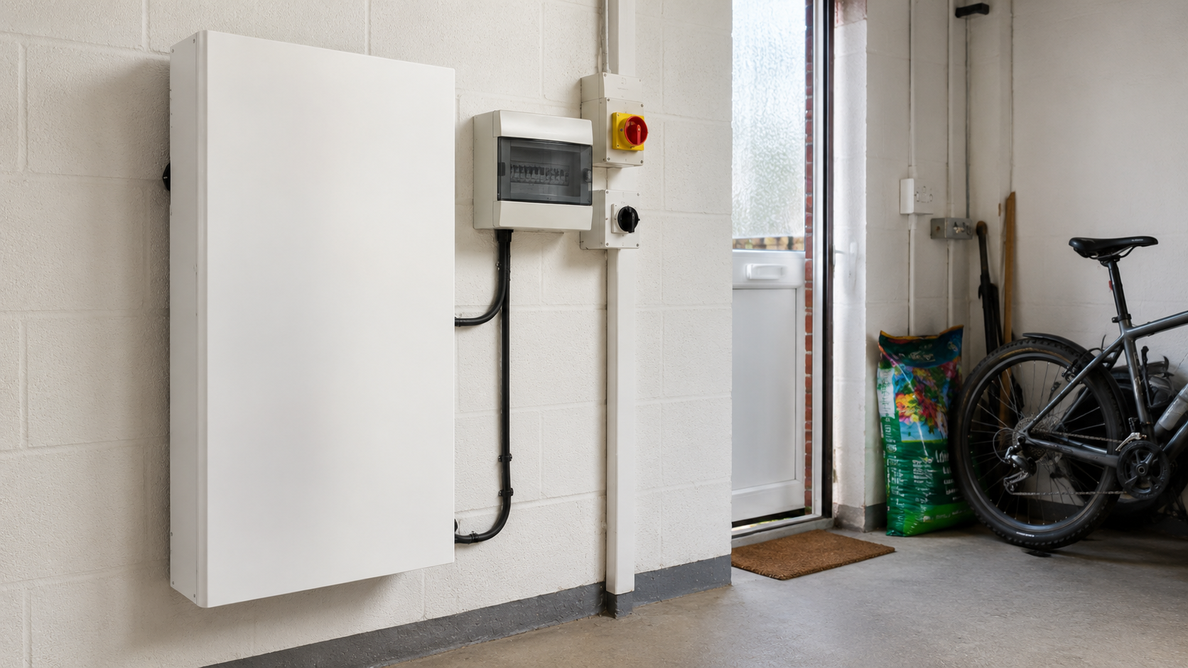 White wall-mounted home battery in a garage with consumer unit, red isolator, black conduits, open door to daylight and a bike against the wall