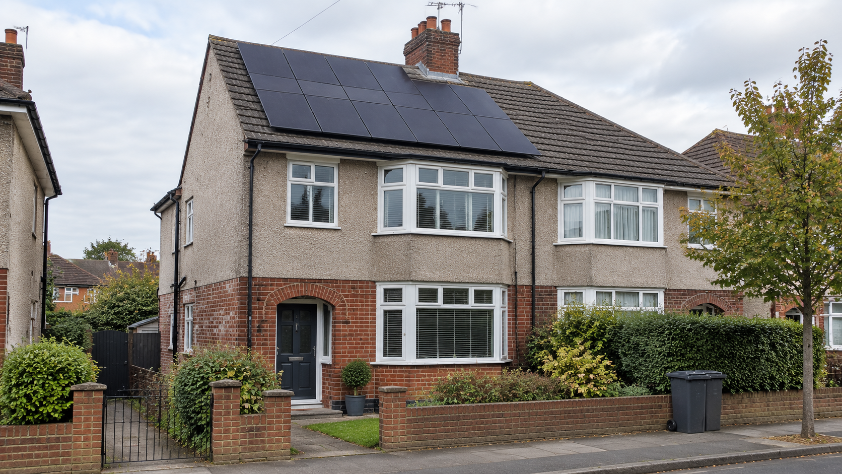 UK semi-detached house with a grid of dark solar panels on the front roof pitch, bay windows and a small front garden