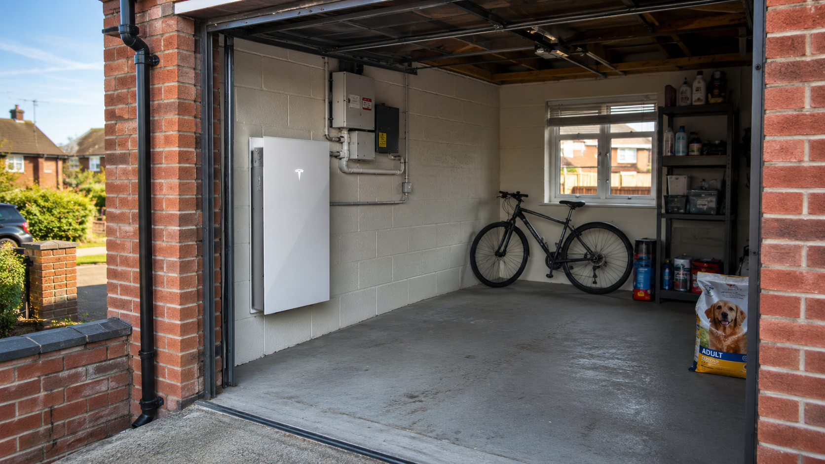 White wall-mounted battery in a UK brick garage with a bike and grey shelves