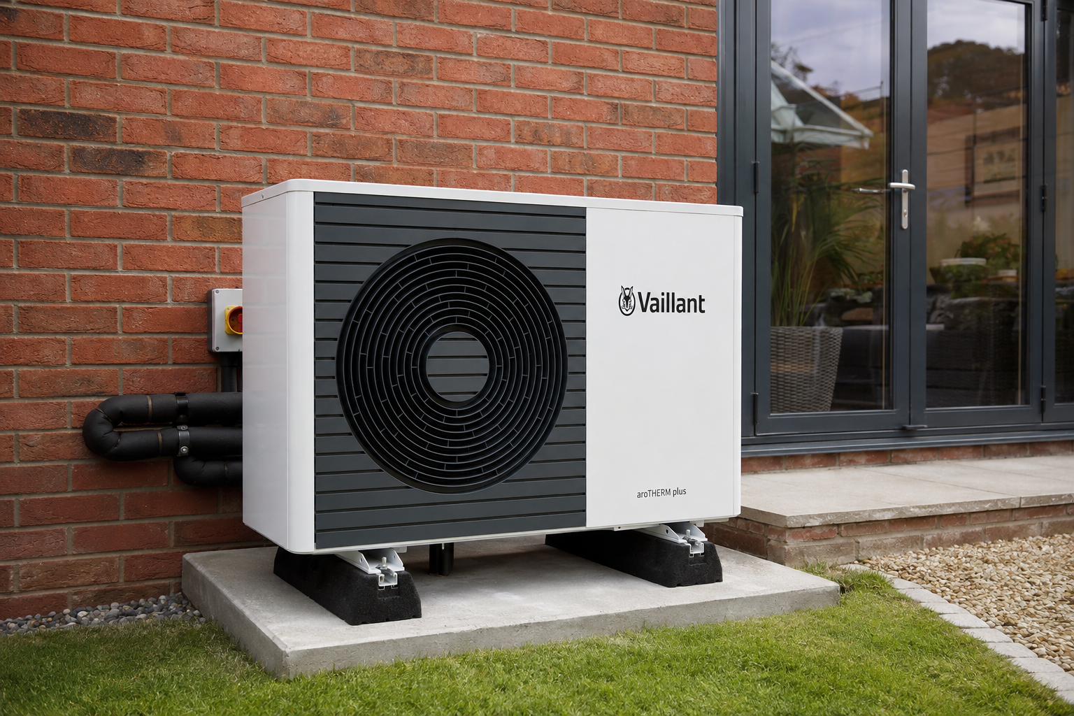 White Vaillant aroTHERM plus air source heat pump on a concrete plinth against a red-brick UK house, next to dark-framed patio doors