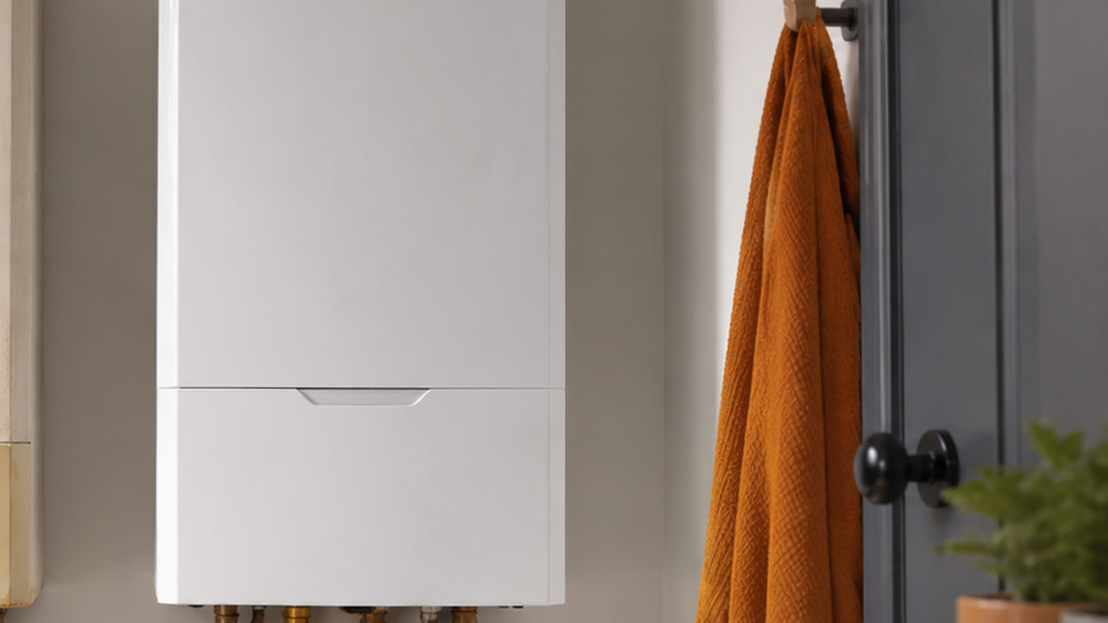 Modern white wall-mounted boiler in a tidy UK utility room.
