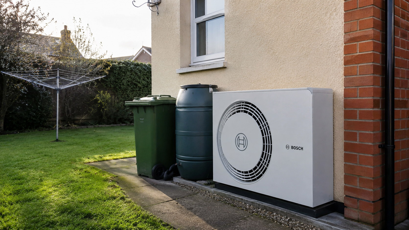 White outdoor heat pump cabinet in a UK rear garden beside a water butt and a green wheelie bin, rotary dryer on the lawn